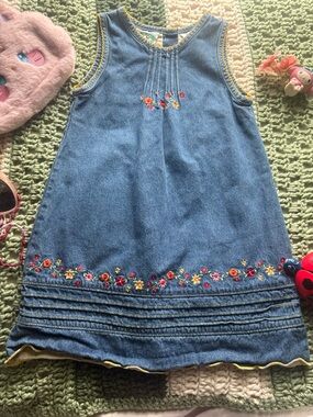 Girls Denim Sleeveless Dress with Floral Embroidery - Blue